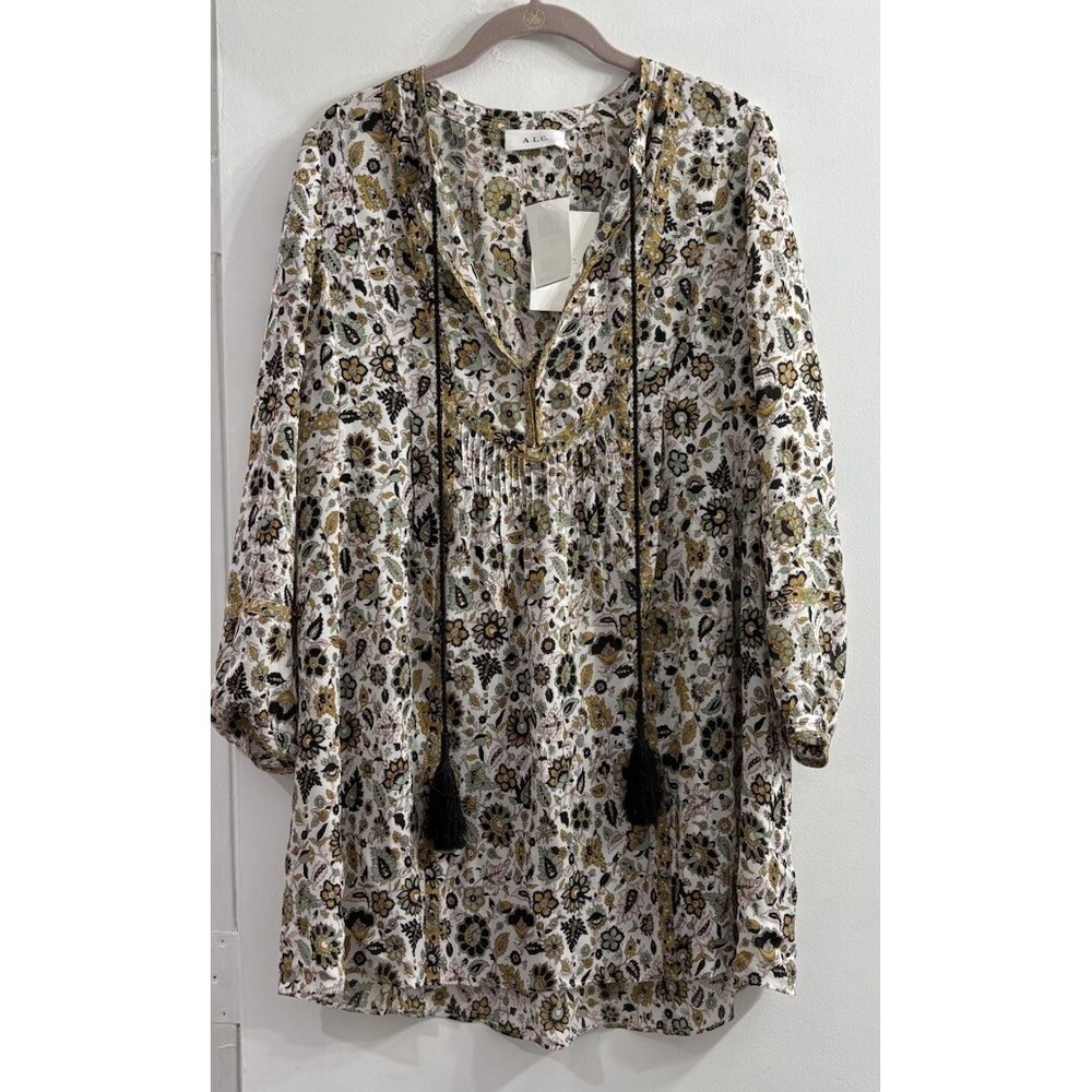 NEW ALC Womens 6 Silk Floral Mini Dress White Green Pleated V Neck Boho